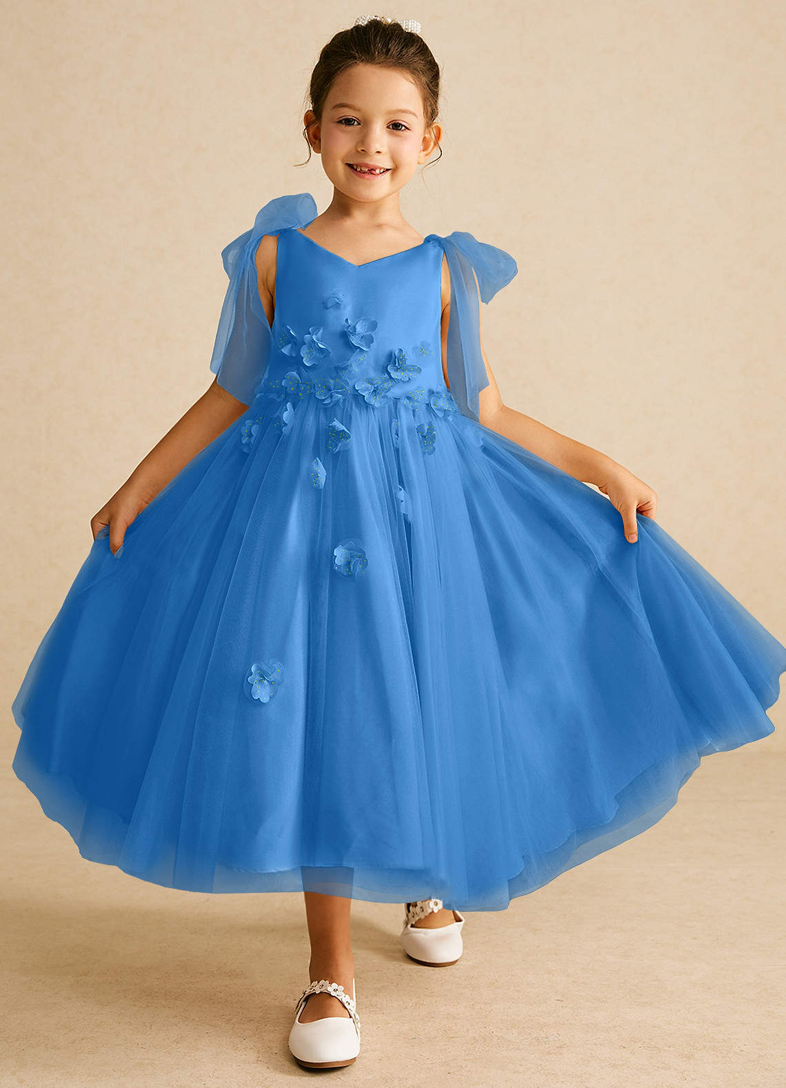 Azazie Minia Flower Girl Dresses Blue Jay A-Line Bow Matte Satin Dress image1