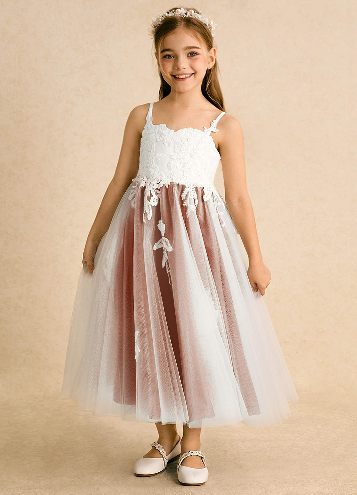 Azazie Coraline Flower Girl Dresses Ivory Burnt Orange A-Line Lace Dress image1