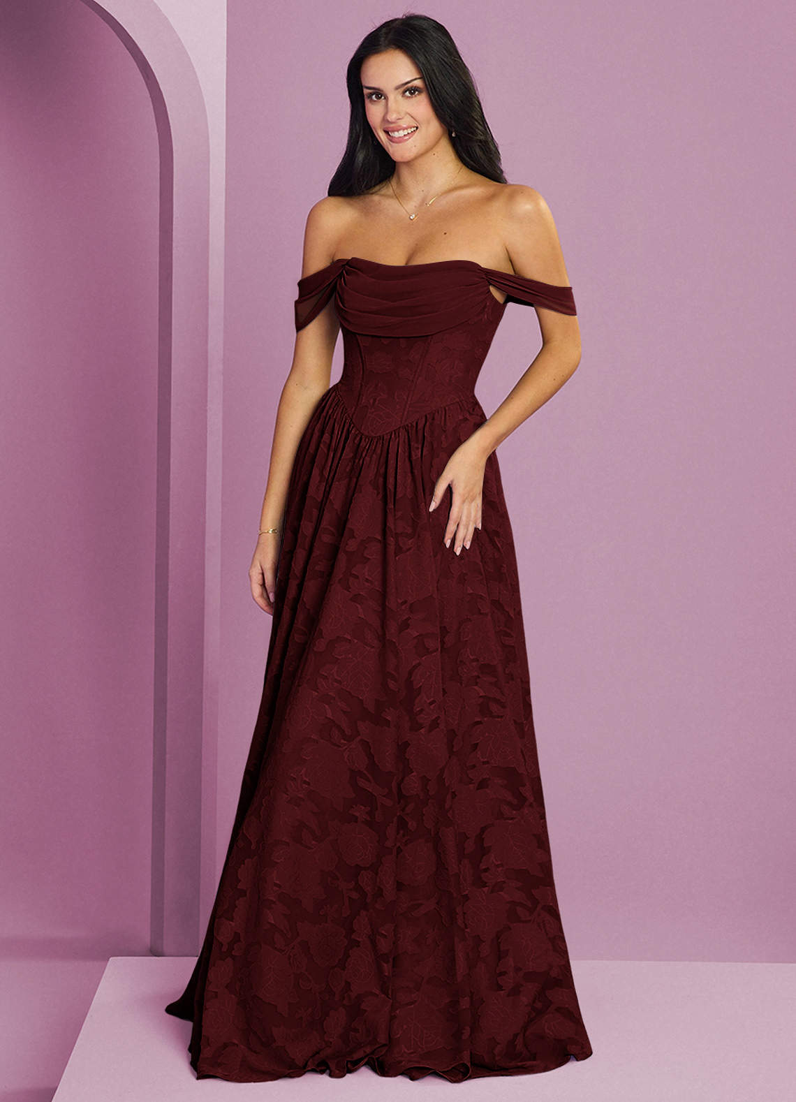 Barbie ♥ Azazie Bridesmaid Dresses Cabernet A-Line Off the Shoulder Floral Burnout Convertible Dress image5