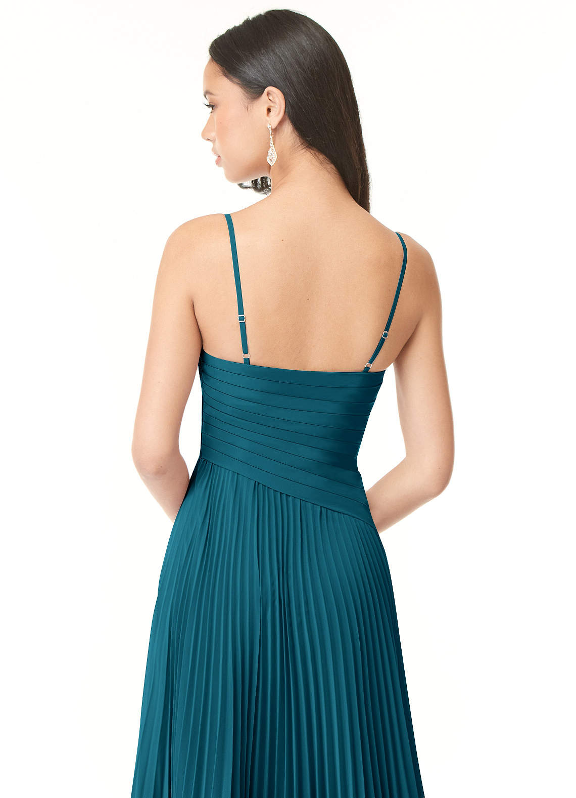 Azazie Vini Vestidos de damas de honor Vestido de Azul Tinta de Gasa de Corte en A con Cuello en V Plisado image4