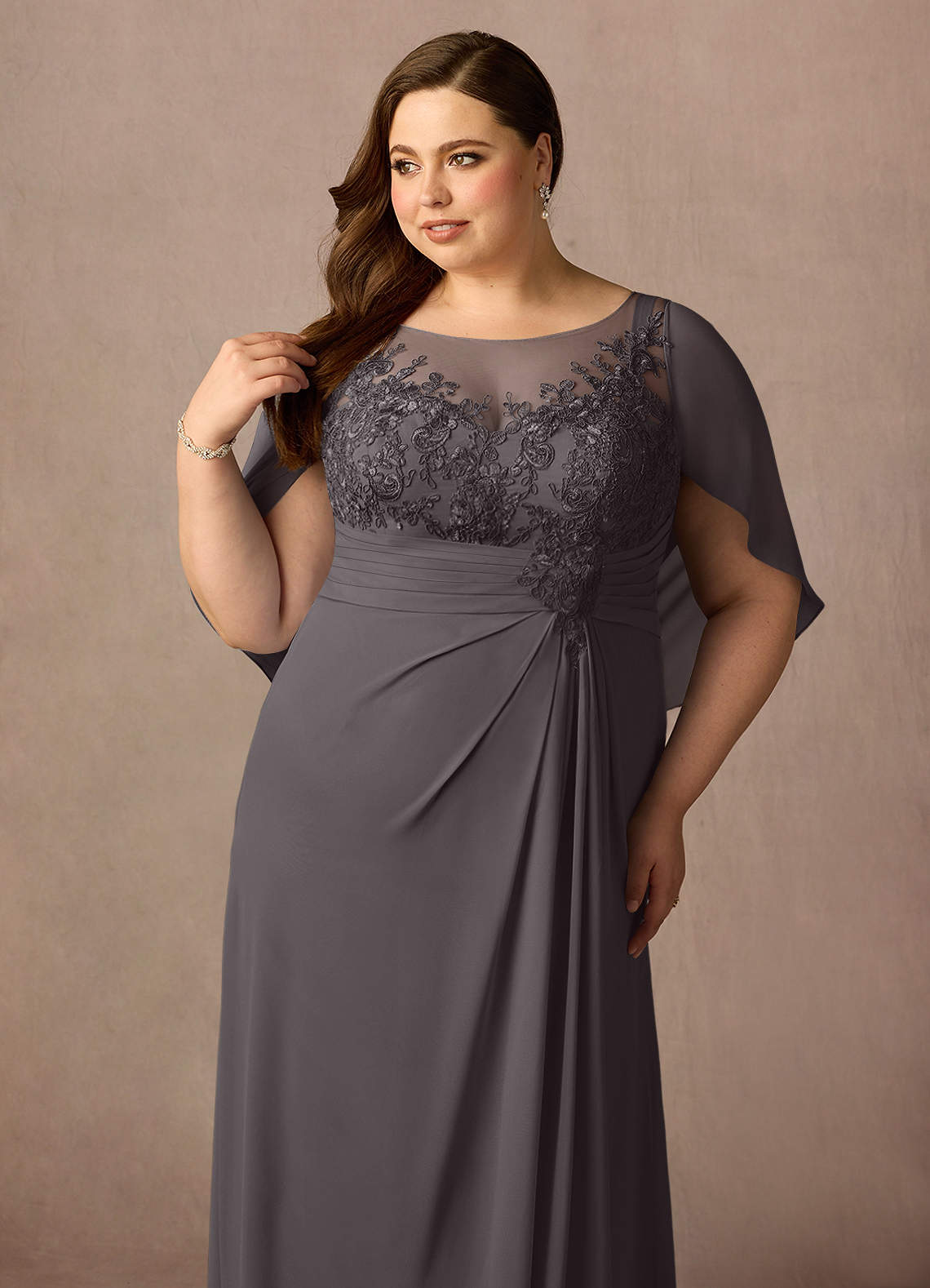 Azazie Hera Mother of the Bride Dresses Steel Grey A-Line Lace Capelet Chiffon Dress image10