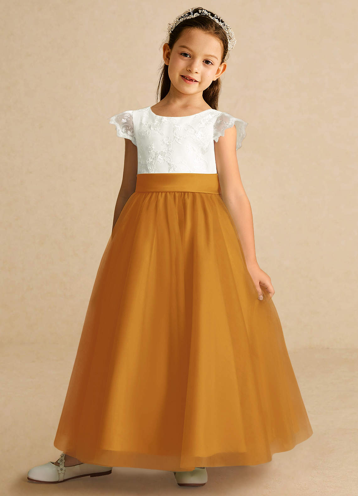 Azazie Pookie Flower Girl Dresses Butterscotch A-Line Lace Tulle Dress image1