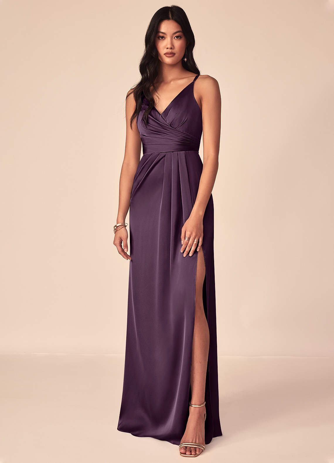 Azazie Aqua Bridesmaid Dresses Plum A-Line V-Neck Pleated Stretch Satin Dress image1