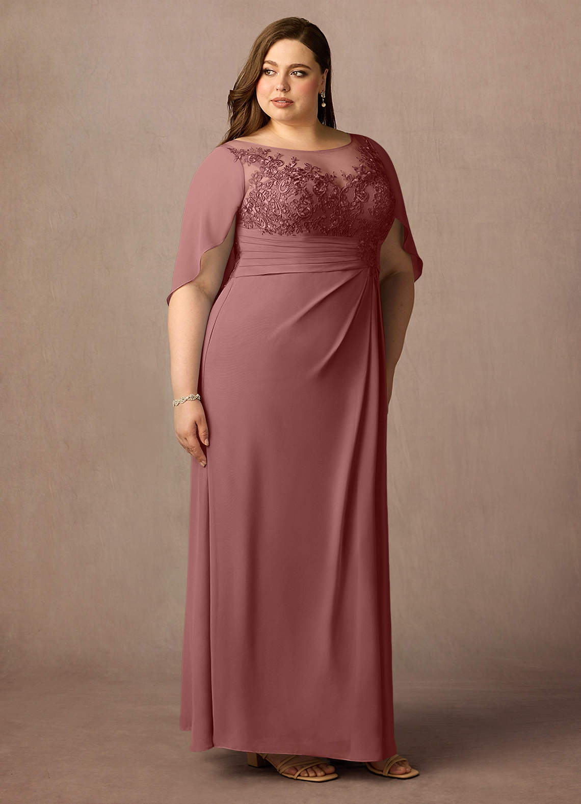 Azazie Hera Mother of the Bride Dresses Desert Rose A-Line Lace Capelet Chiffon Dress image4