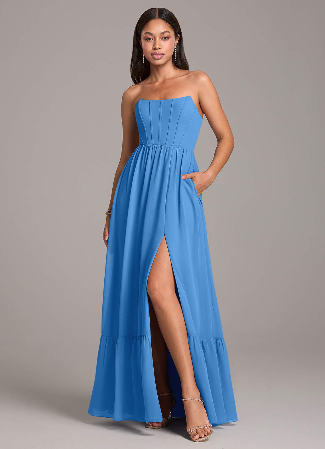 Azazie Kailee Bridesmaid Dresses Blue Jay A-Line with Pockets Chiffon Dress image1