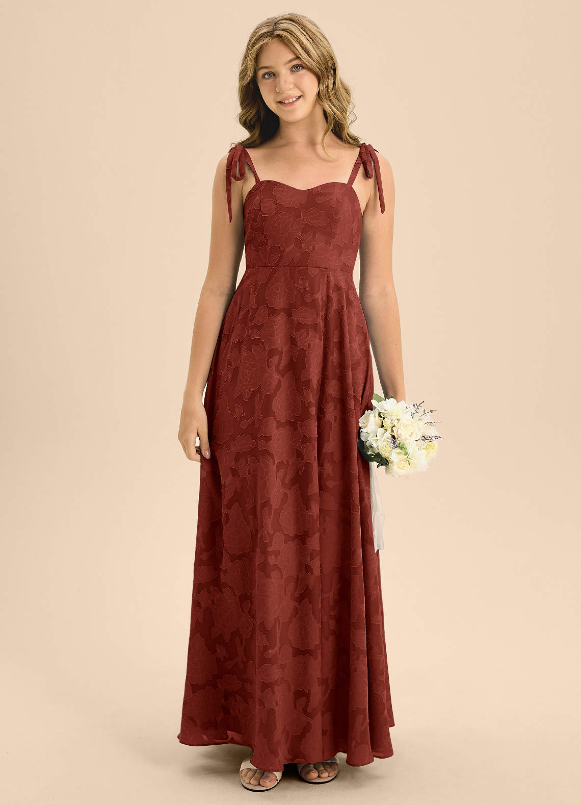 Azazie Rosey Junior Terracotta A-Line Sweetheart Neckline Floral Burnout Dress image1