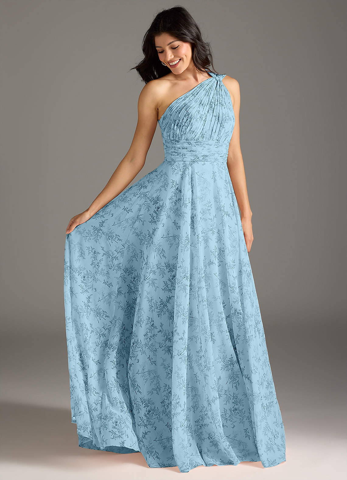 Azazie Charlize Vestidos de damas de honor Vestido de Floral Helecho Azul de Gasa de Corte en A con Hombro unilateral image1