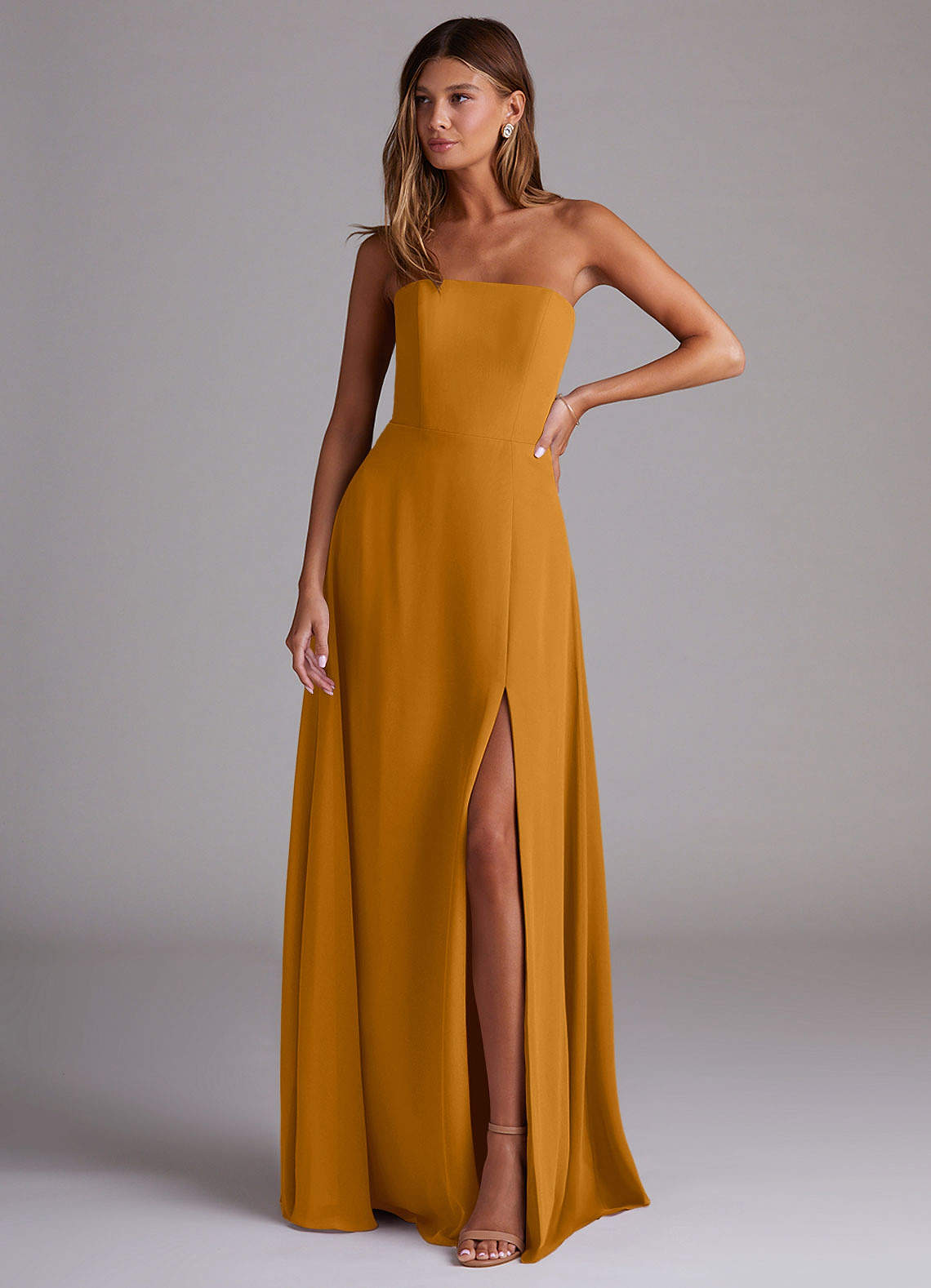 Azazie Wren Bridesmaid Dresses Butterscotch A-Line Side Slit Chiffon Convertible Dress image1