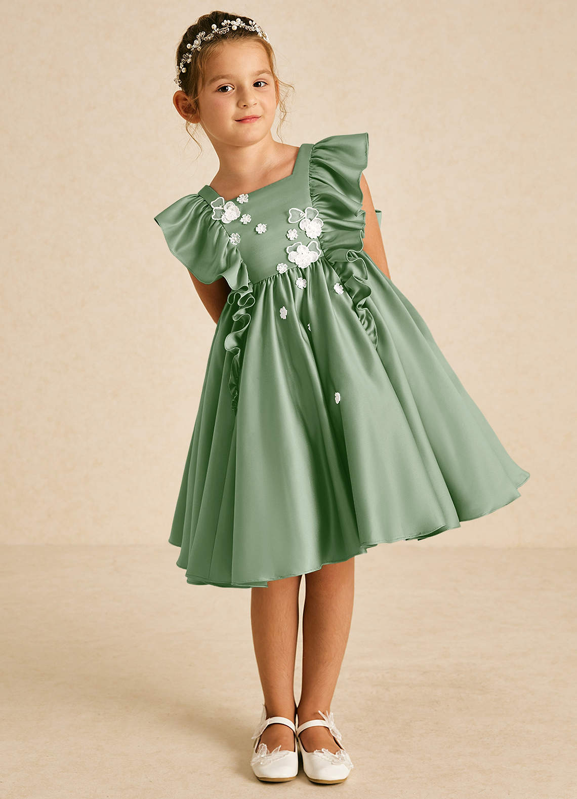 Azazie Sue Ellen Flower Girl Dresses Matcha A-Line Bow Matte Satin Dress image1