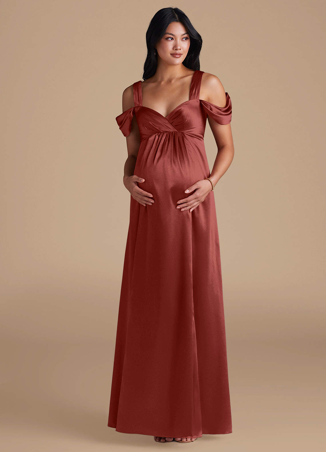Azazie Rhea vestidos de dama de honor de maternidad Vestido de Corte En A Plisado Hasta el suelo Satén Metálico image5