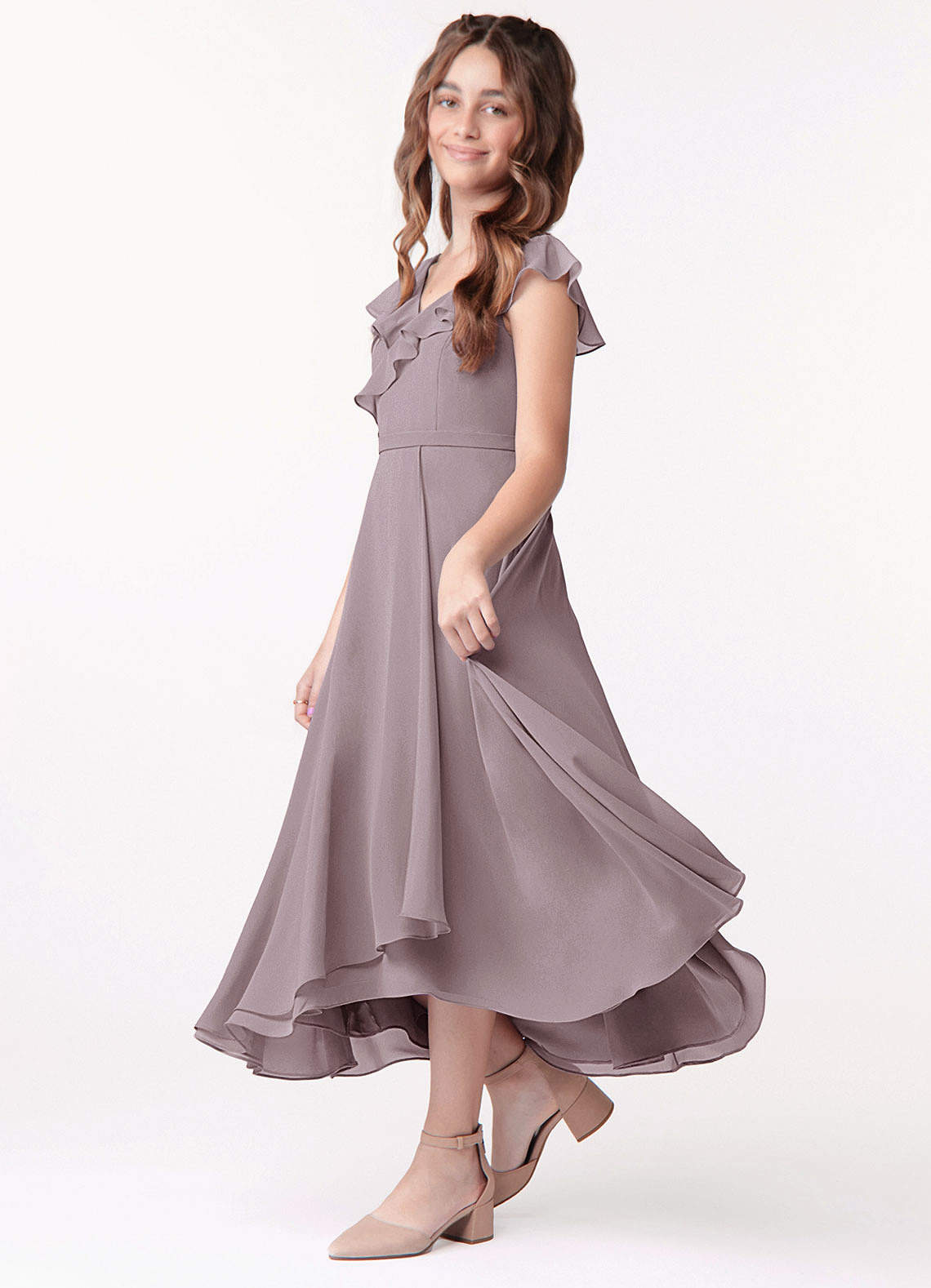 Azazie Posie Junior A-Linie Gestreift Chiffon Kleid Dämmerung image1