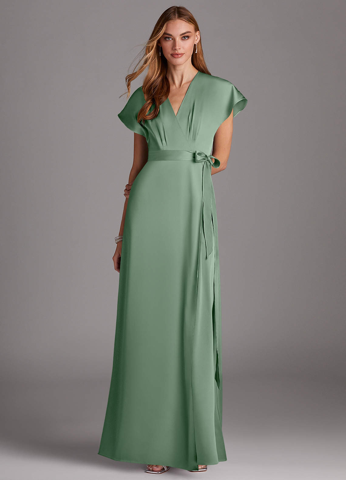 Azazie Nico Bridesmaid Dresses Matcha A-Line V-Neck Stretch Satin Dress image1
