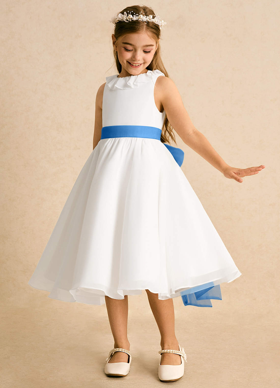 Azazie Dani Abiti da Ragazza di Fiori Abito A-Line in Chiffon Fiocco Avorio Ghiandaia Azzurra image1