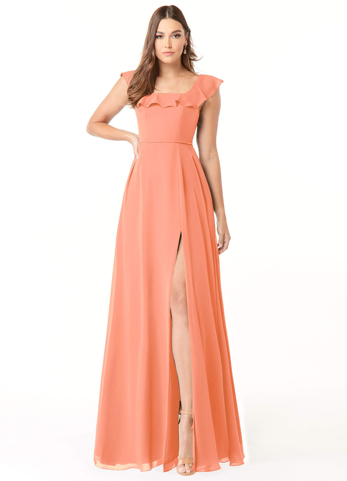 Square Neckline Ruched Chiffon Floor-length Dress Green