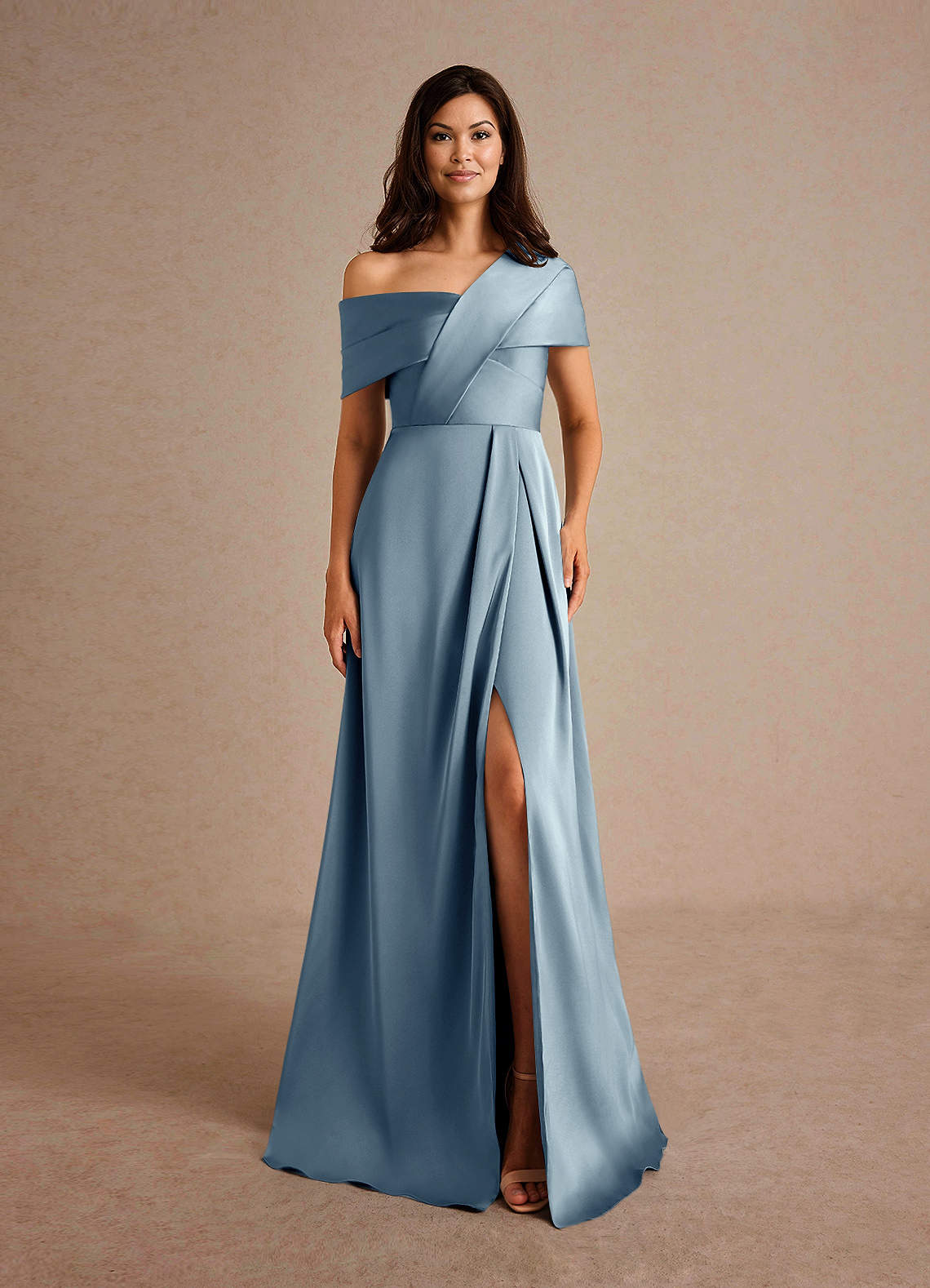 Azazie Milton Mother of the Bride Dresses Dusty Blue A-Line Pleated Stretch Satin Dress image6