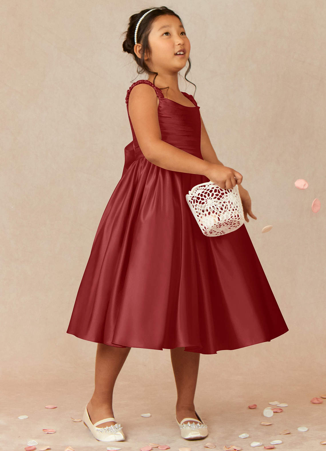 Azazie Cutie Pie Flower Girl Dresses Rust A-Line Pleated Matte Satin Dress image1