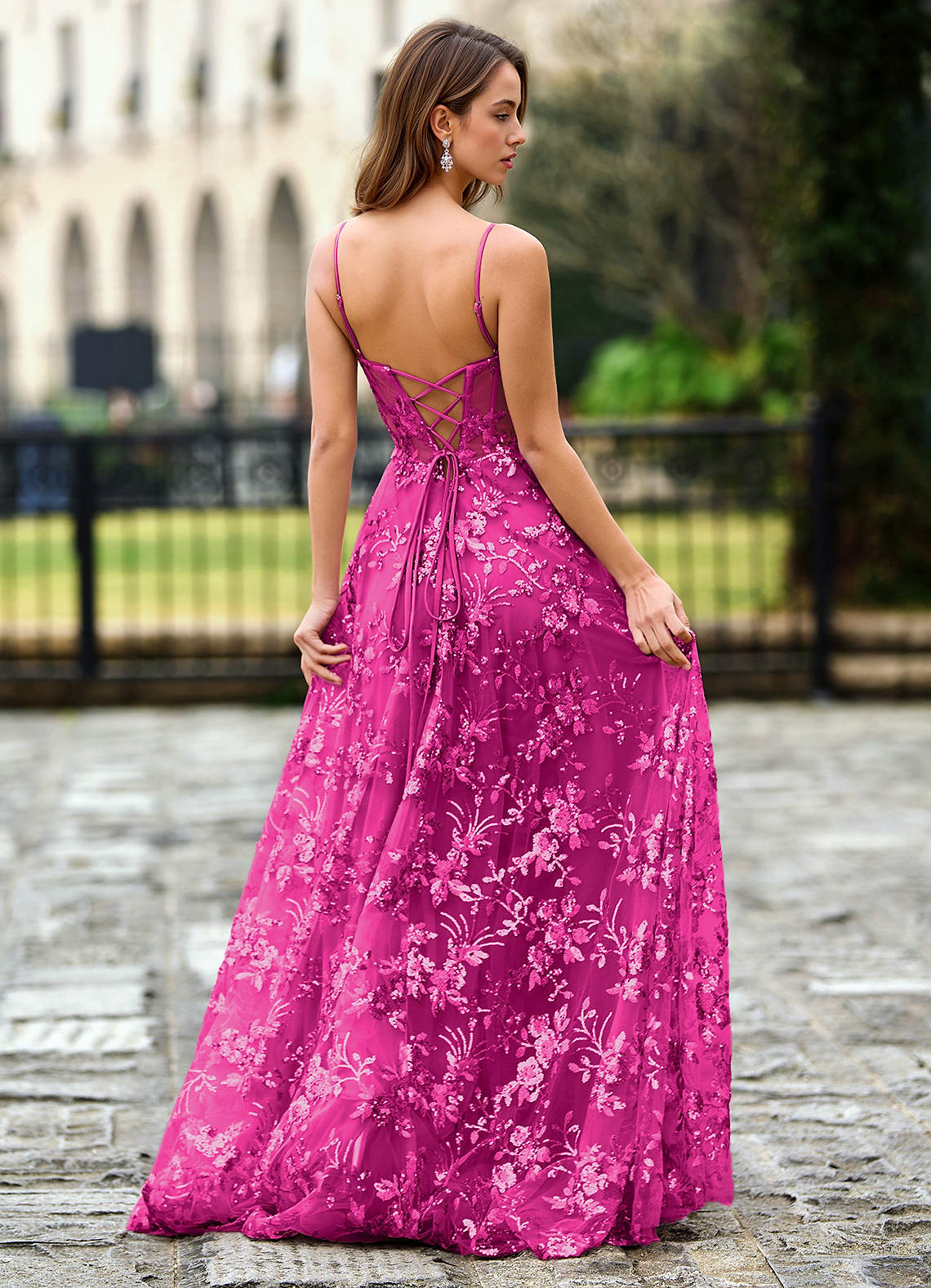 lace fuchsia dress Lace Flounce Sleeve Maxi Dress Fuchsia Red