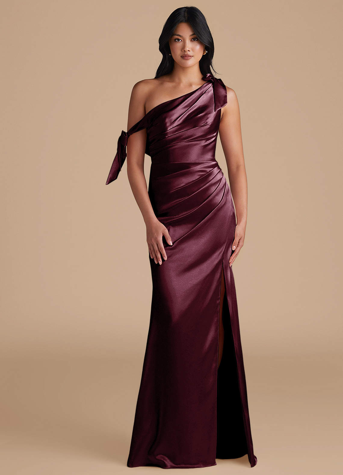 Azazie Xyla Bridesmaid Dresses Cabernet Sheath Off the Shoulder Metallic Satin Convertible Dress image1
