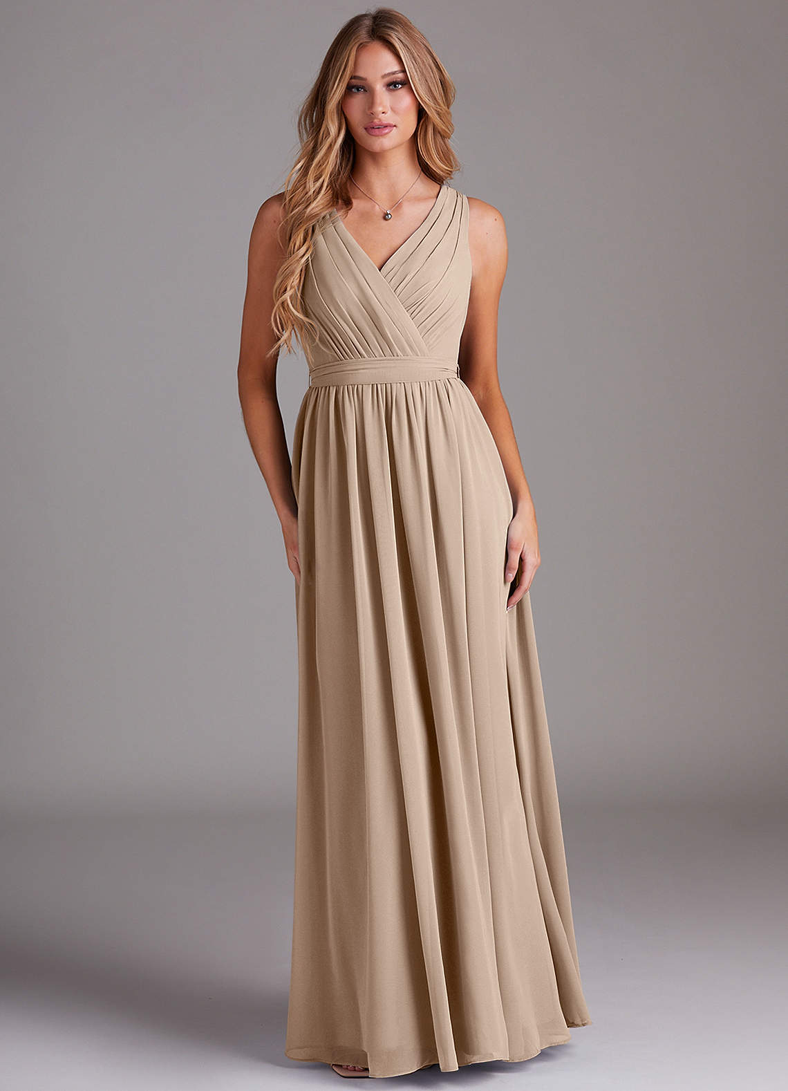 Azazie Kingsley Bridesmaid Dresses Taupe A-Line Lace Chiffon Dress image1