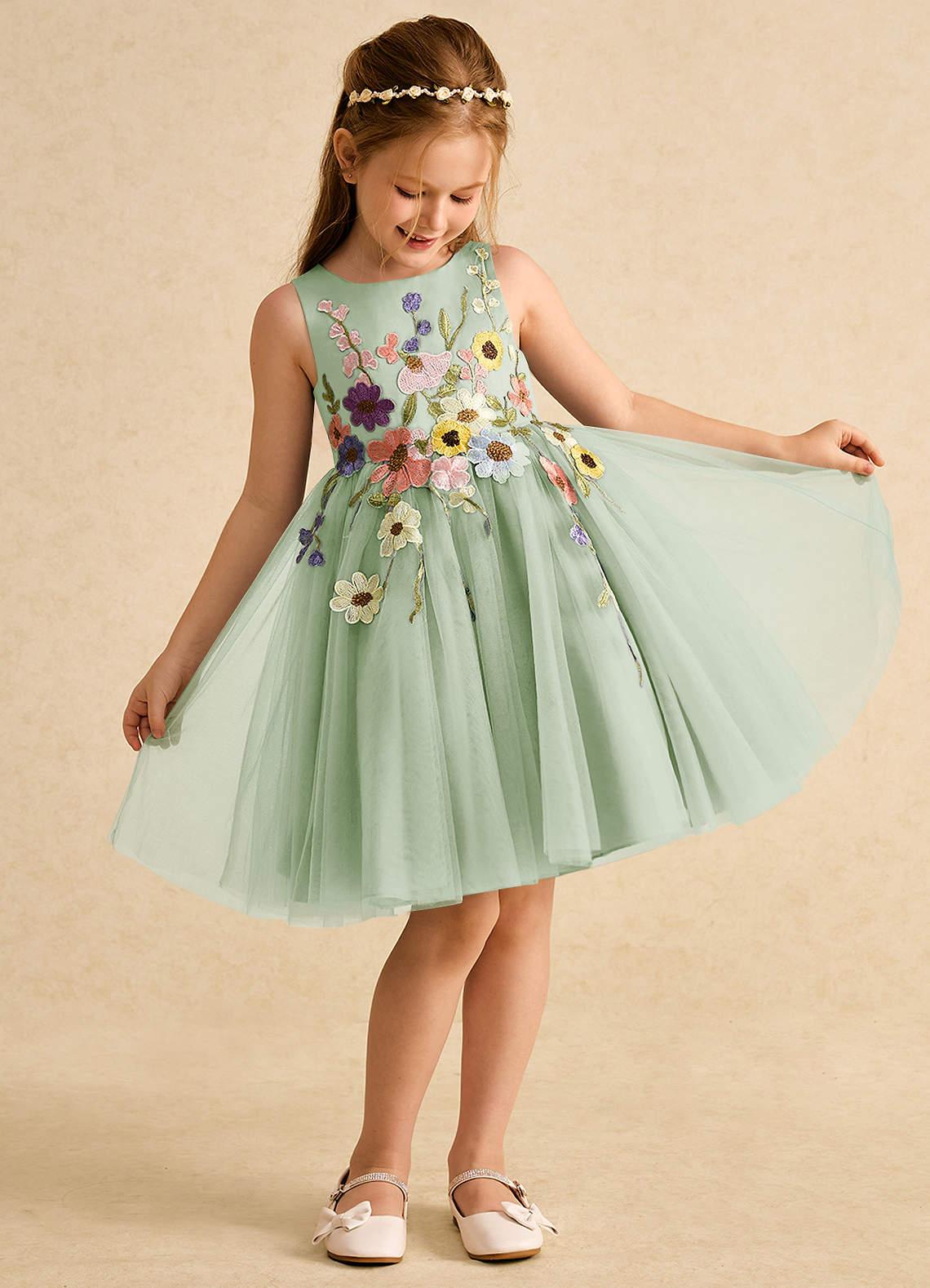 Azazie Prima Flower Girl Dresses Dusty Sage A-Line Bow Tulle Dress image2