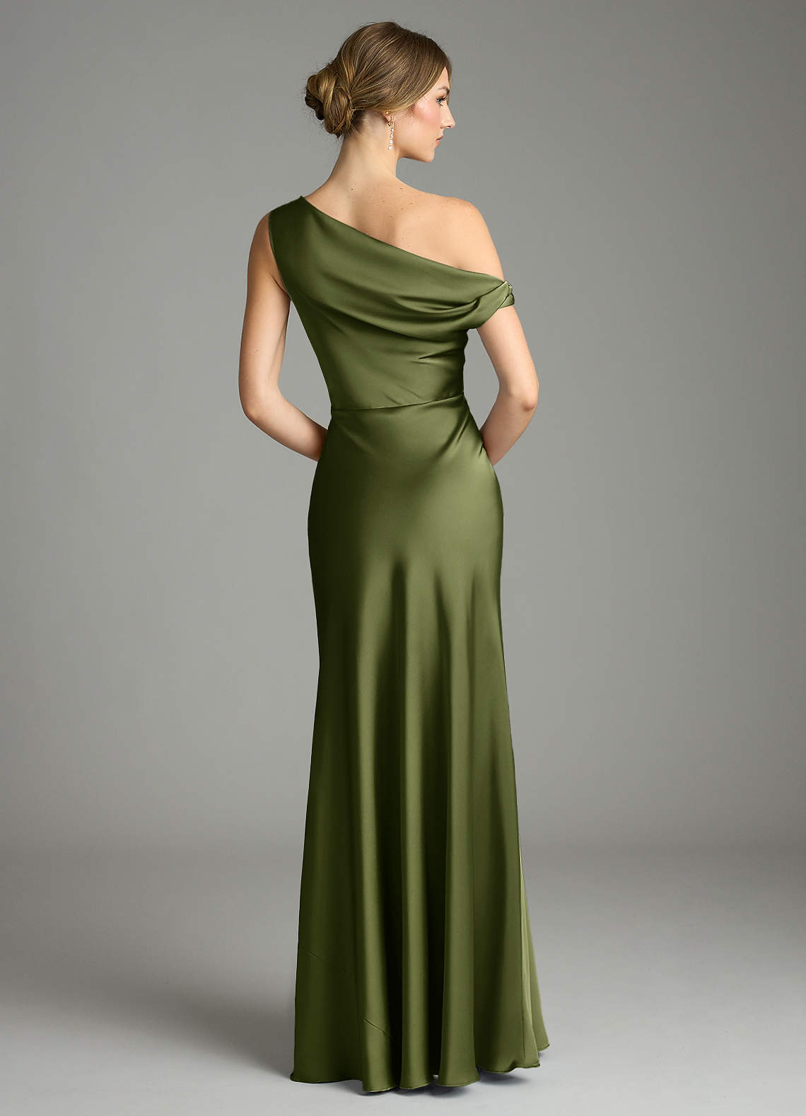 Azazie Emerson Bridesmaid Dresses Olive Mermaid Off the Shoulder Stretch Satin Dress image1