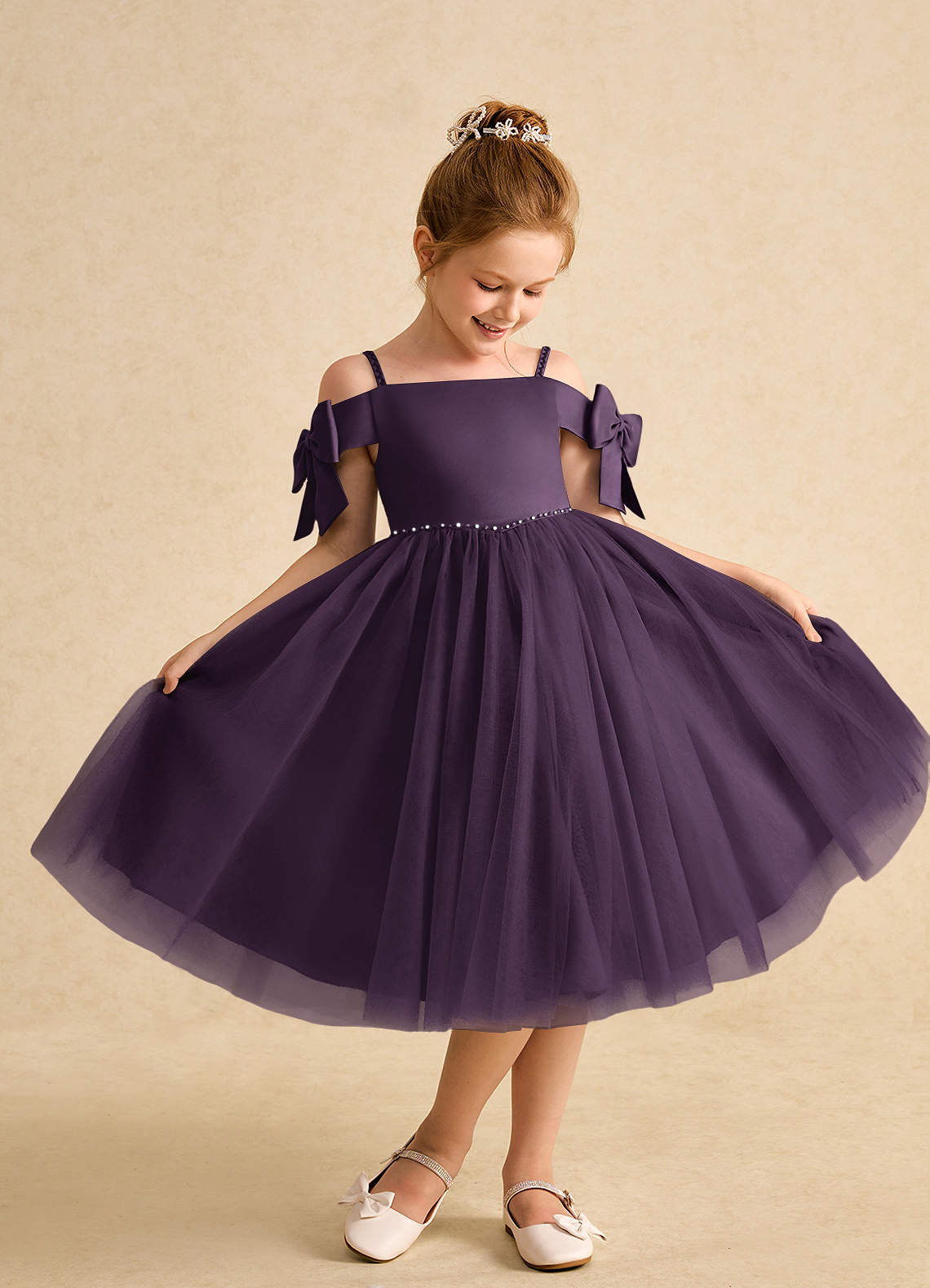 Azazie Amie Flower Girl Dresses Plum A-Line Off the Shoulder Matte Satin Dress image1