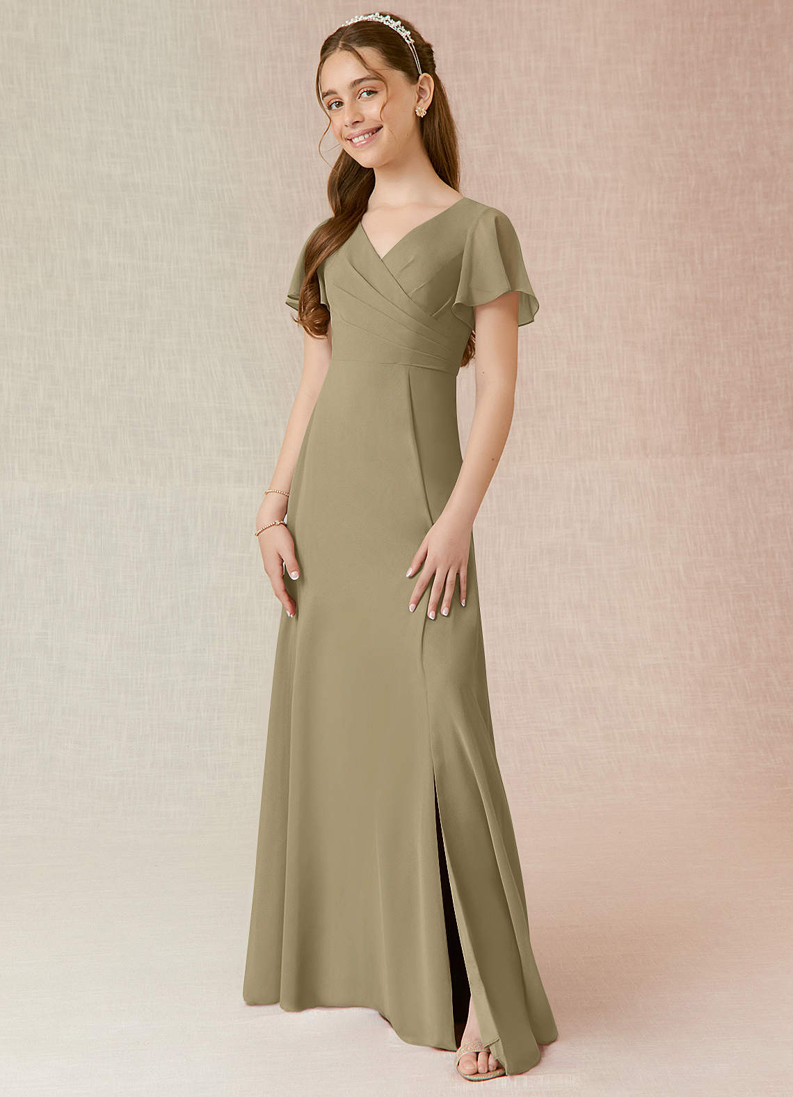 Azazie Induh Junior Moss Green A-Line Ruched Chiffon Dress image1