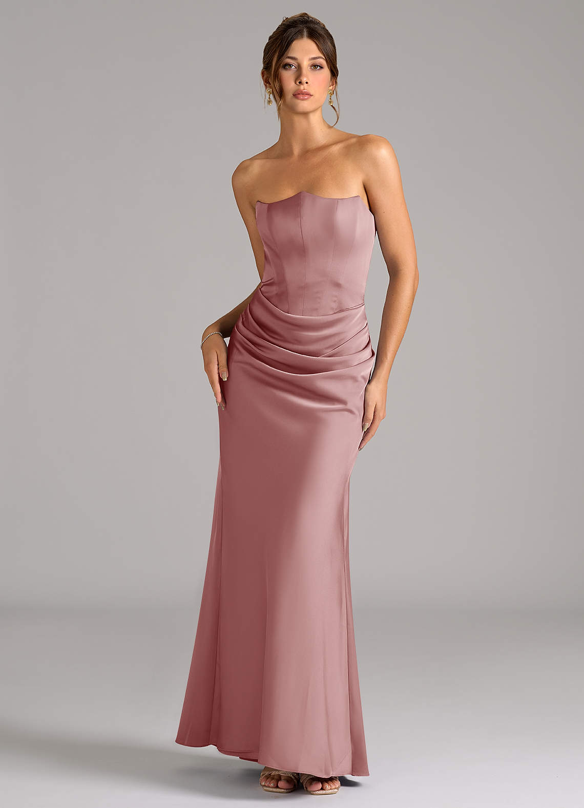 Azazie Debby Vestidos de damas de honor Vestido de Rosa Polvorienta de Satén Elástico de Corte Sirena Convertible con Sin tirantes image1