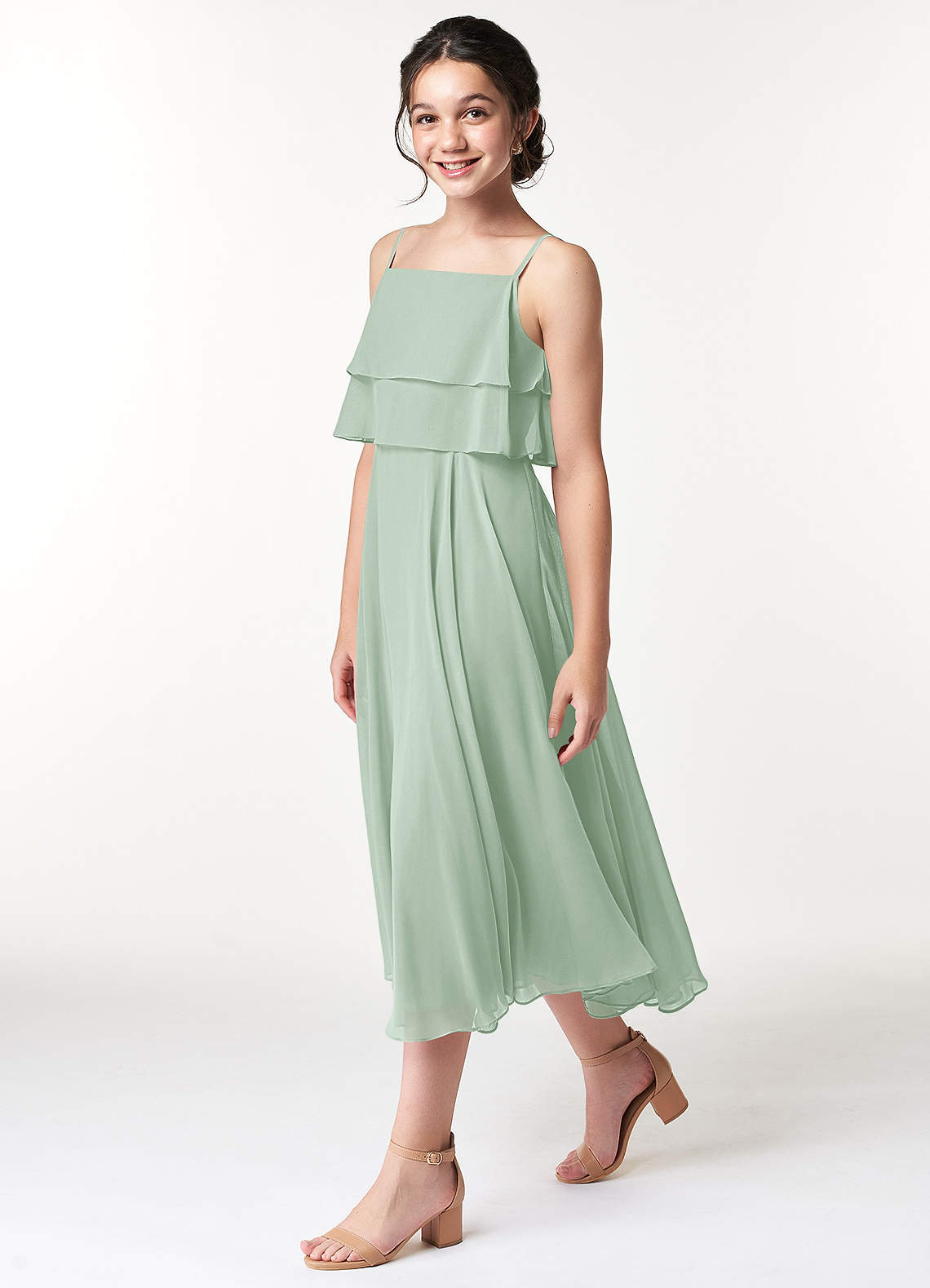 Azazie Ensley Junior Abito A-Line in Chiffon Plissettato Agave image2