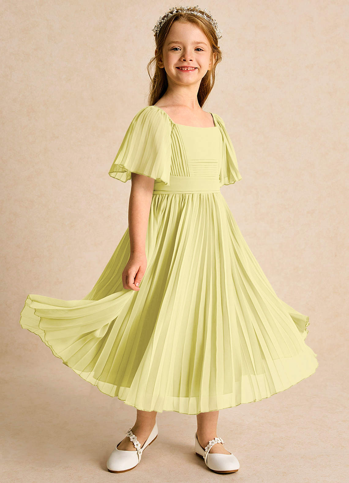 Azazie Gisele Flower Girl Dresses Lemon Sorbet A-Line Pleated Chiffon Dress image1