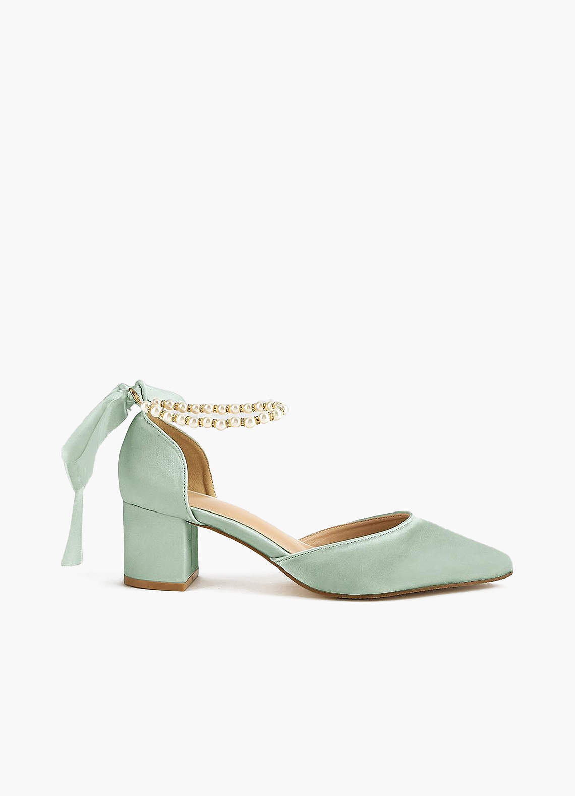 front Matte Satin Pearl ja Bow Pointed Toe Block -korkokengät