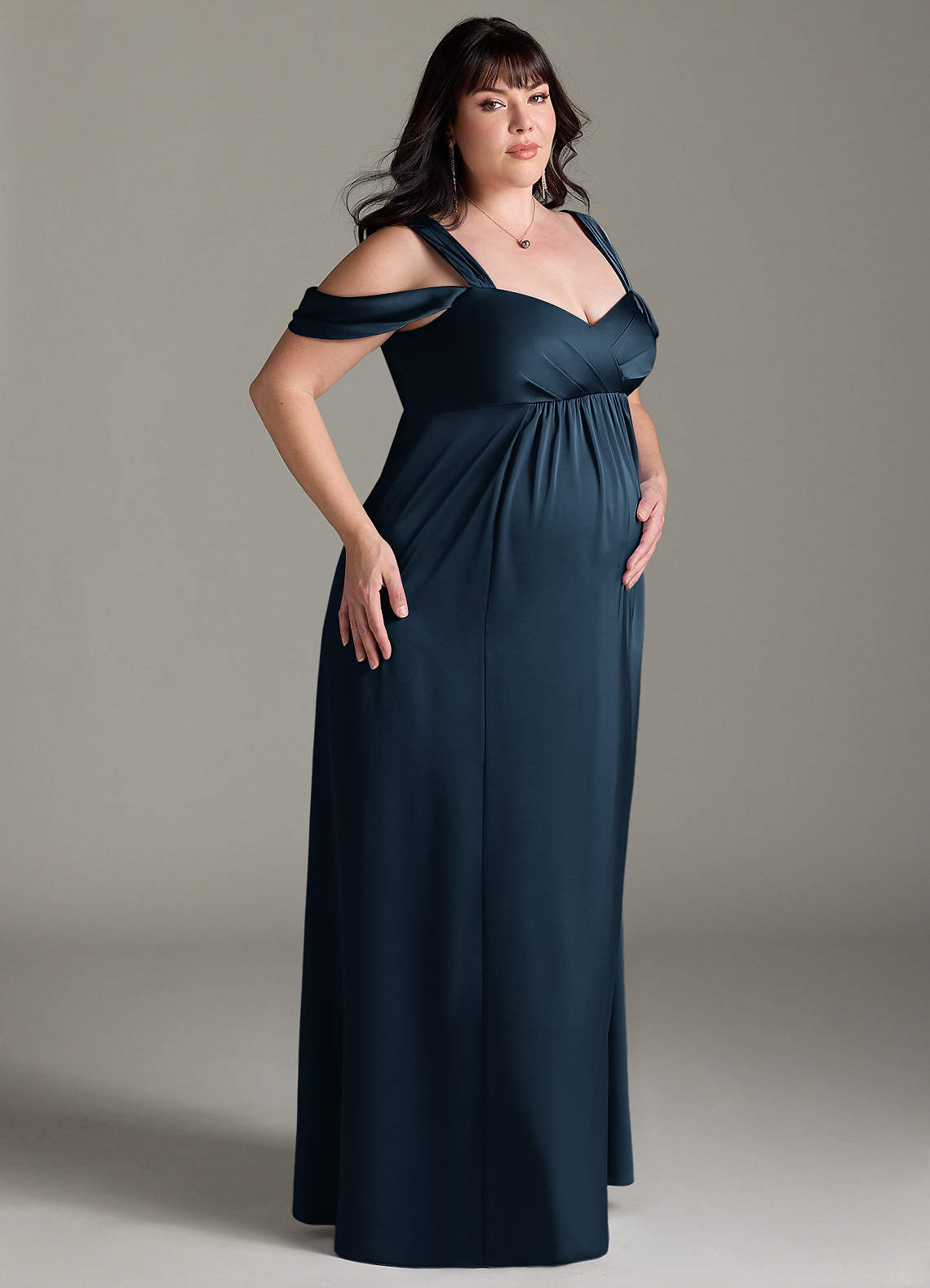 navy maternity bridesmaid dress Azazie A-Line/Princess Off The Shoulder Floor-Length Stretch Satin Dresses Style:FLIP-FLOP Materialists 2025 Dakota Johnson Size:64 Short Available in Navy