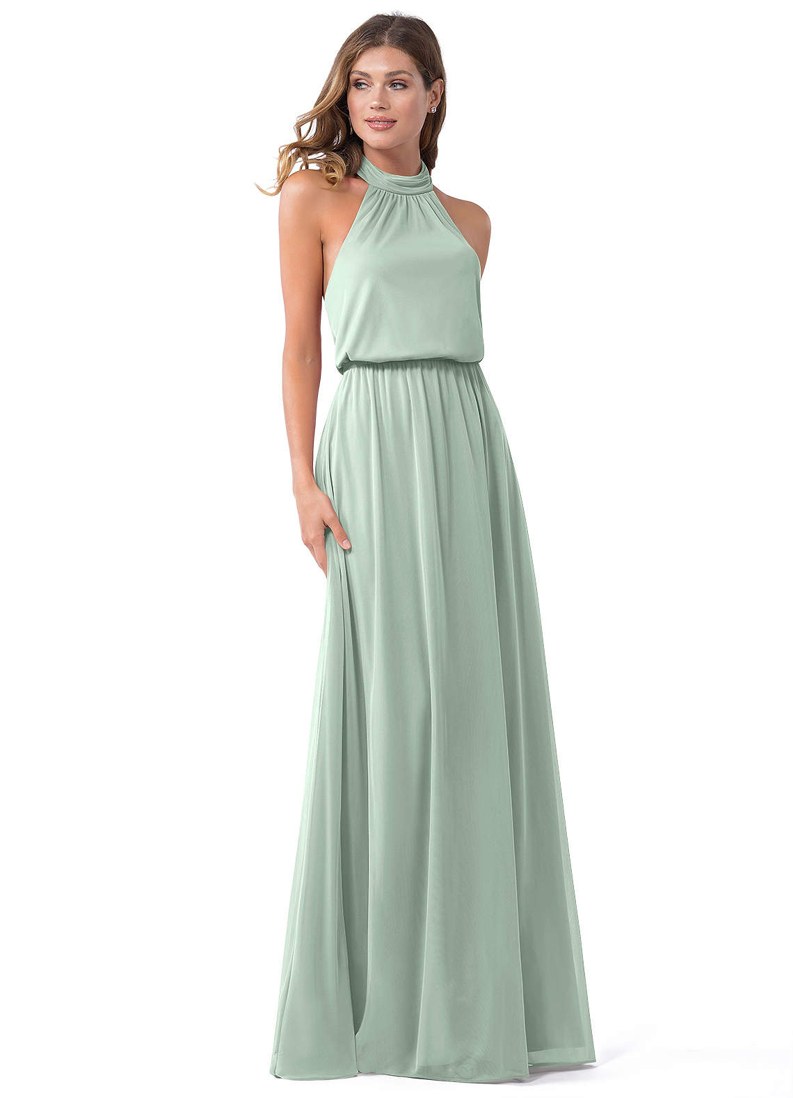 Azazie Landry Bridesmaid Dresses Agave A-Line Pleated Mesh Dress image1