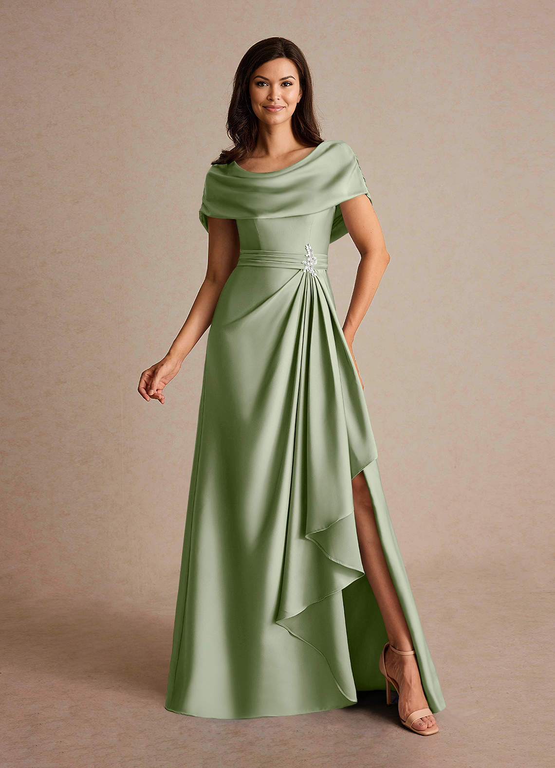 Azazie Branford Mother of the Bride Dresses Dusty Sage A-Line Pleated Stretch Satin Dress image1