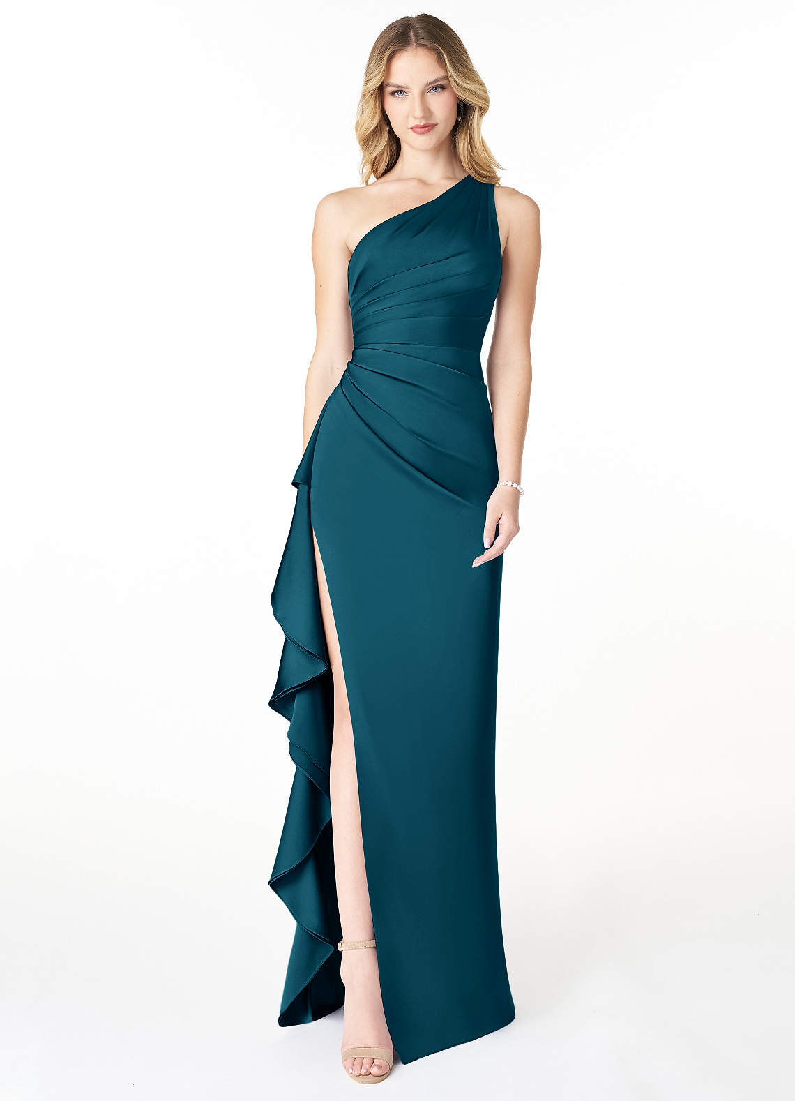 Azazie Latrice Bridesmaid Dresses Ink Blue Sheath One Shoulder Cascading Ruffles Stretch Satin Dress image1