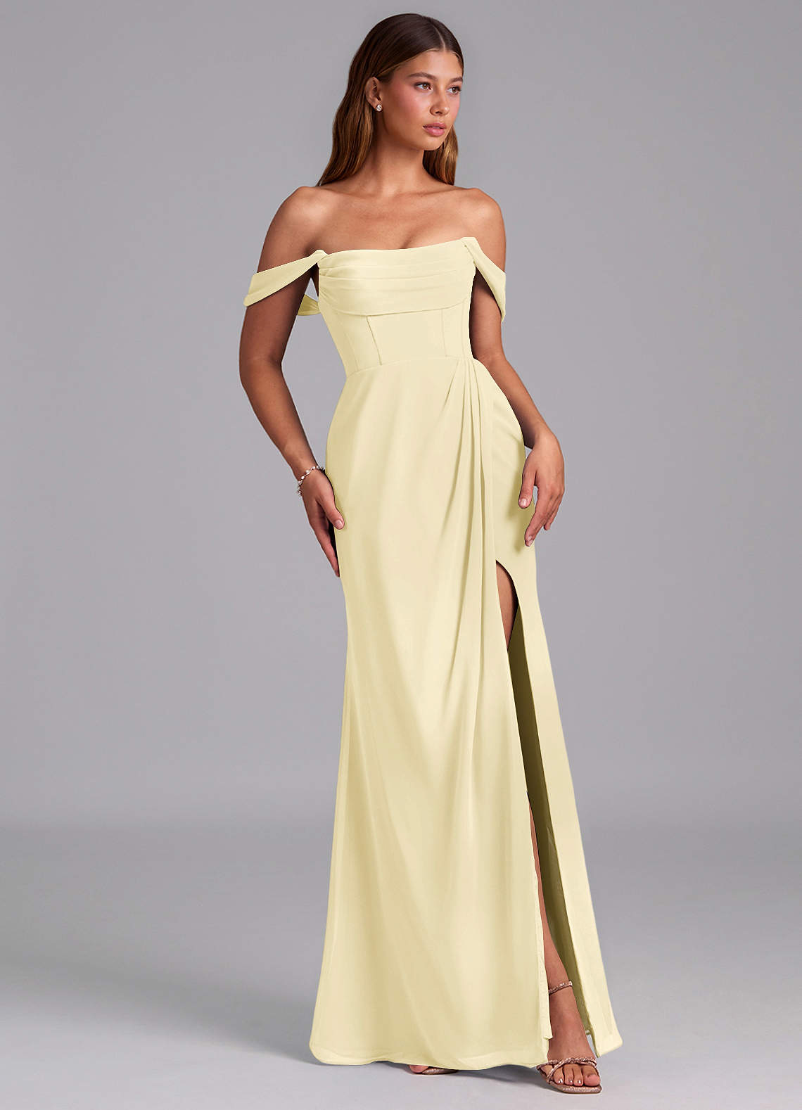 Azazie Johana Brautjungfernkleider Wandelbar Meerjungfrau-Linie Schulterfrei Chiffon Kleid Zitronensorbet image5