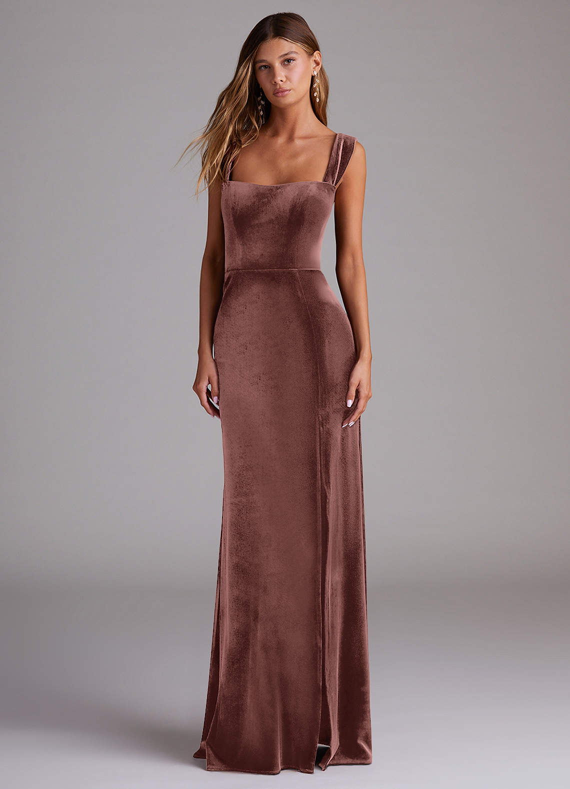 Azazie Junia Bridesmaid Dresses Espresso Sheath Off the Shoulder Velvet Convertible Dress image1