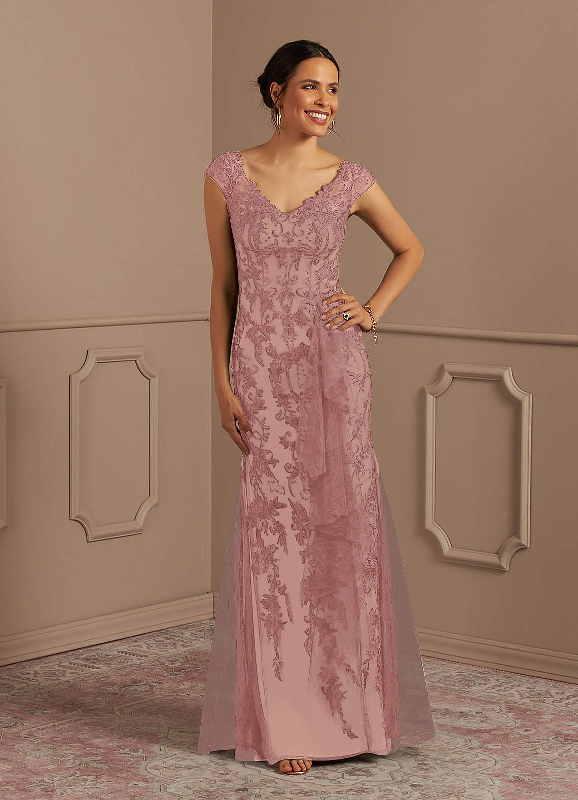 Azazie Melena Mother of the Bride Dresses Dusty Rose Champagne Mermaid Lace Tulle Dress image1