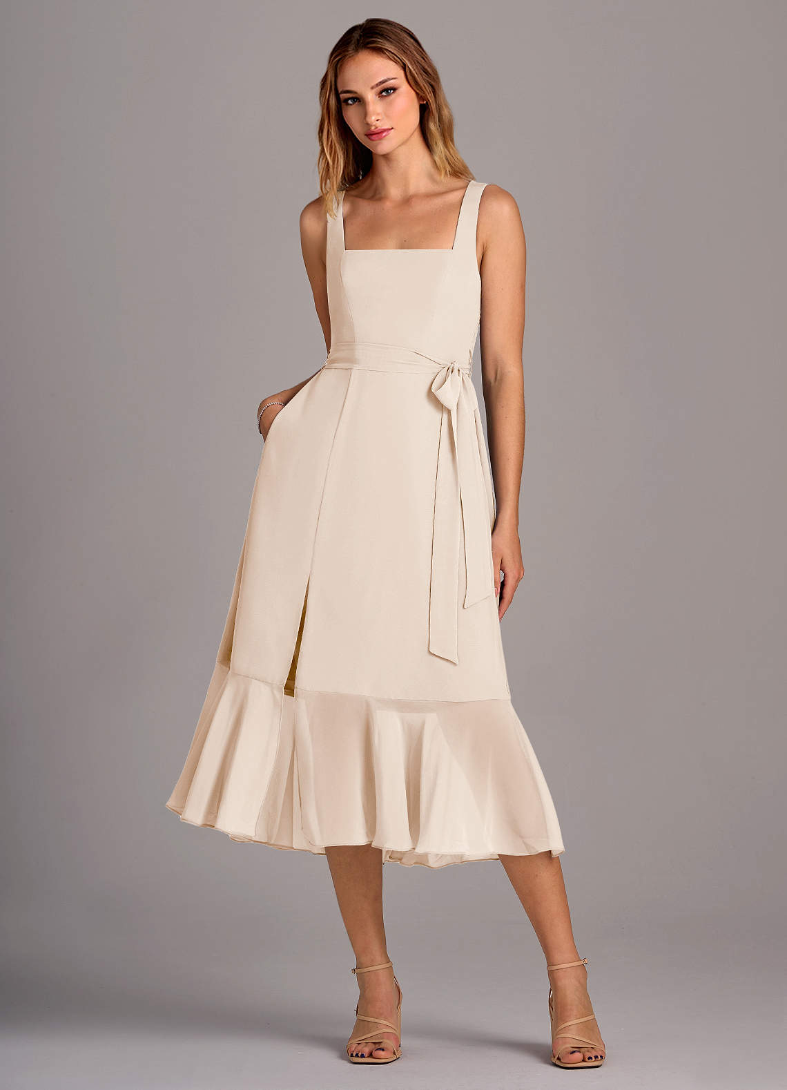 Azazie Deb Brautjungfernkleider Wandelbar A-Linie mit Taschen Chiffon Kleid Alabaster Weiß image1
