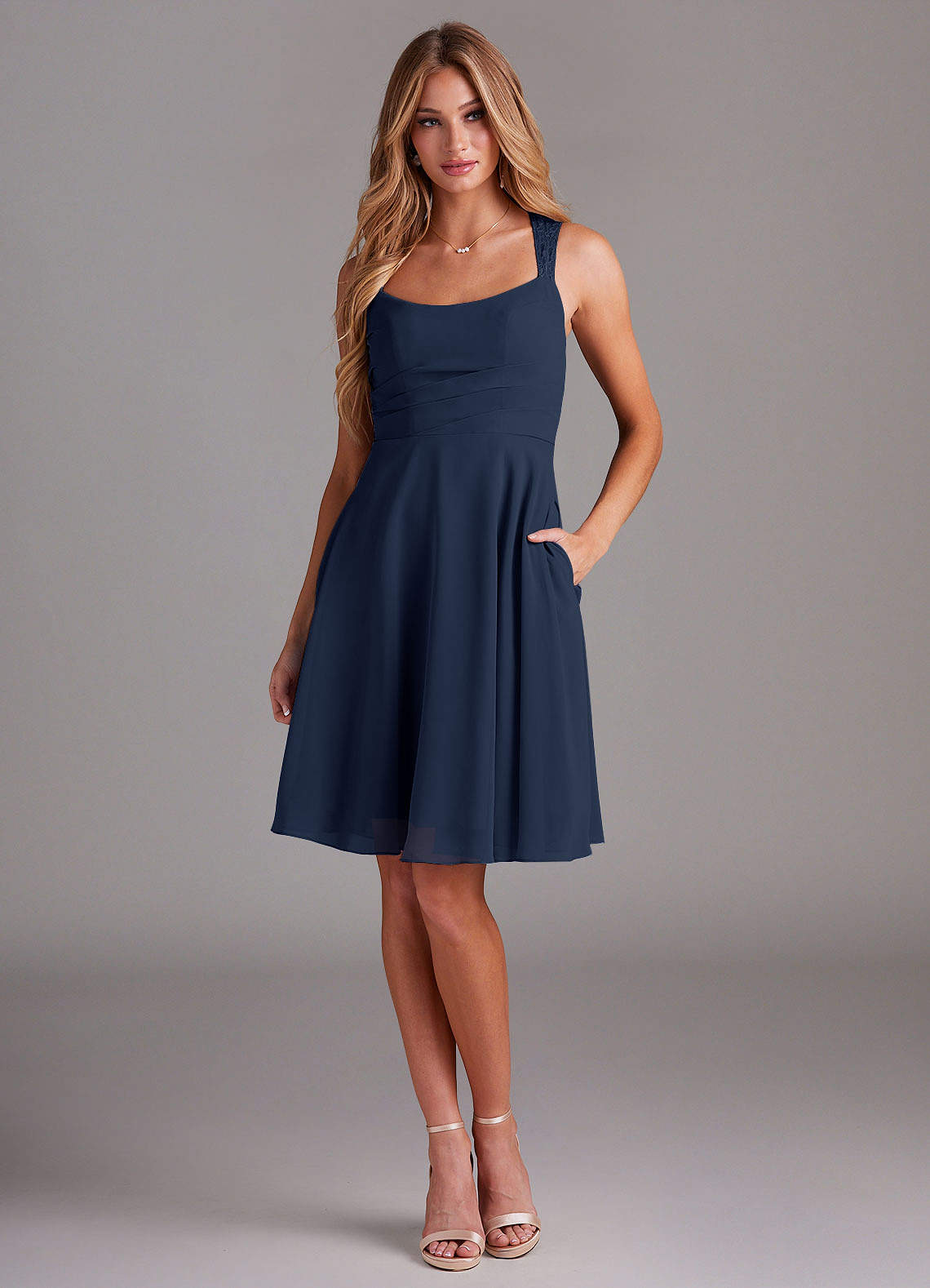 Azazie Vina Bridesmaid Dresses Dark Navy A-Line Lace Chiffon Dress image1