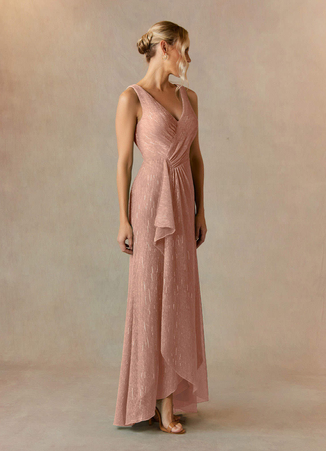 Upstudio Tuscon Mother of the Bride Dresses Rose Gold A-Line V-Neck Ruched Metallic Mesh Dress image1