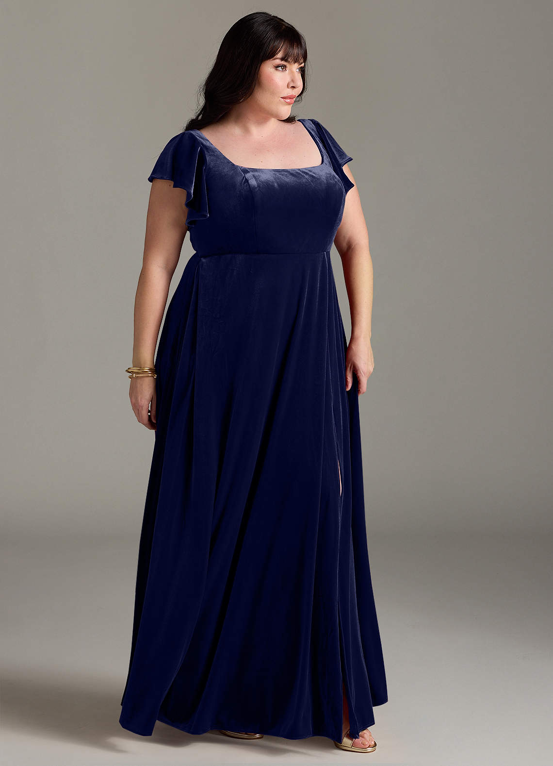 blue dress for baby girl Plus Size Velvet Mother of The Bride A-Line Dress with V-Neck and Side Split main image 1