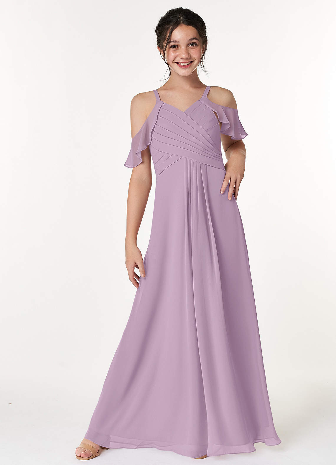 Azazie Dakota Junior Vestido Glicínia de Chiffon de Linha A com Fora do ombro image1