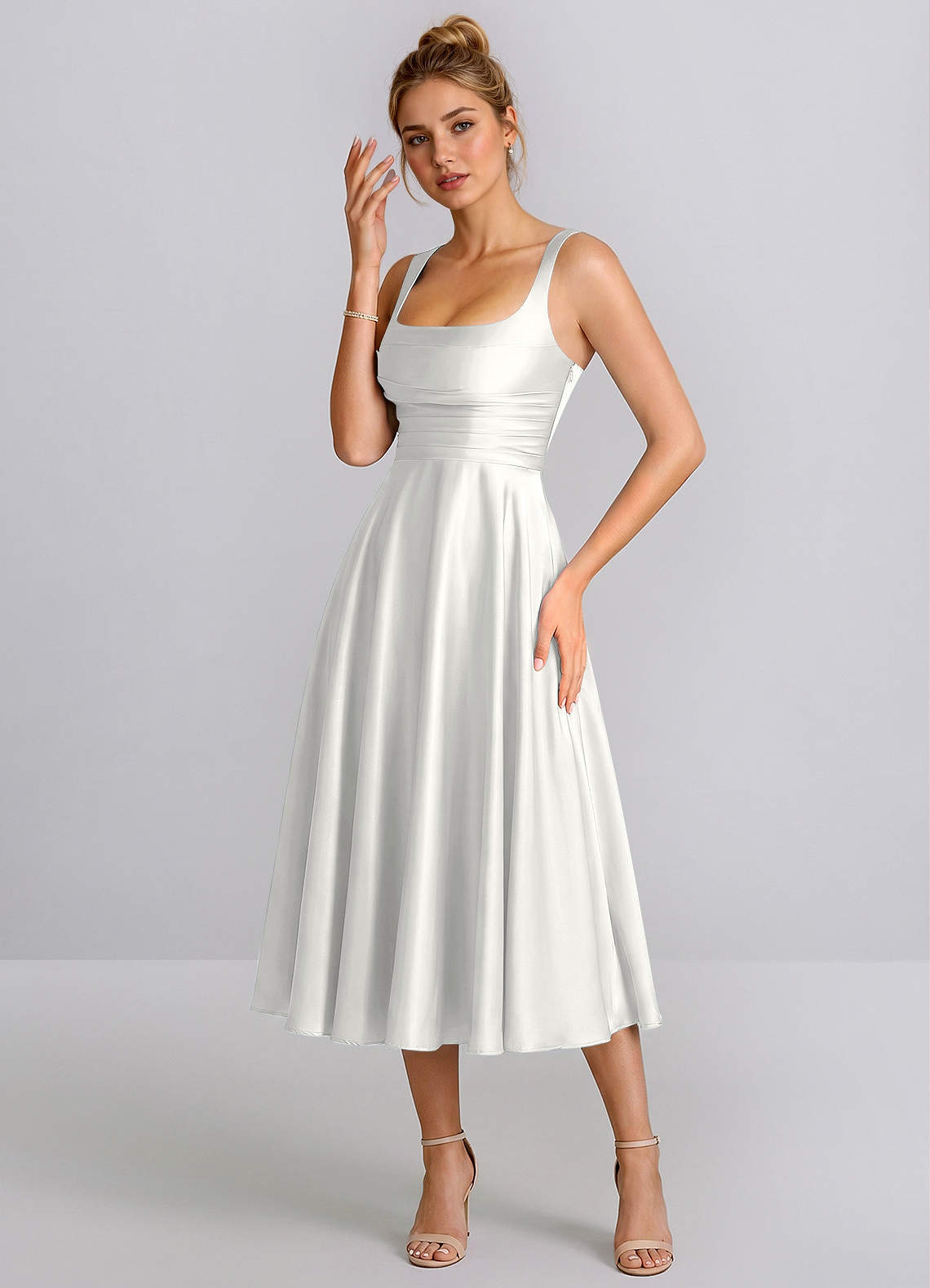 a line satin midi dress Ines White Square Neck Lace-Up A-Line Wedding guest dress