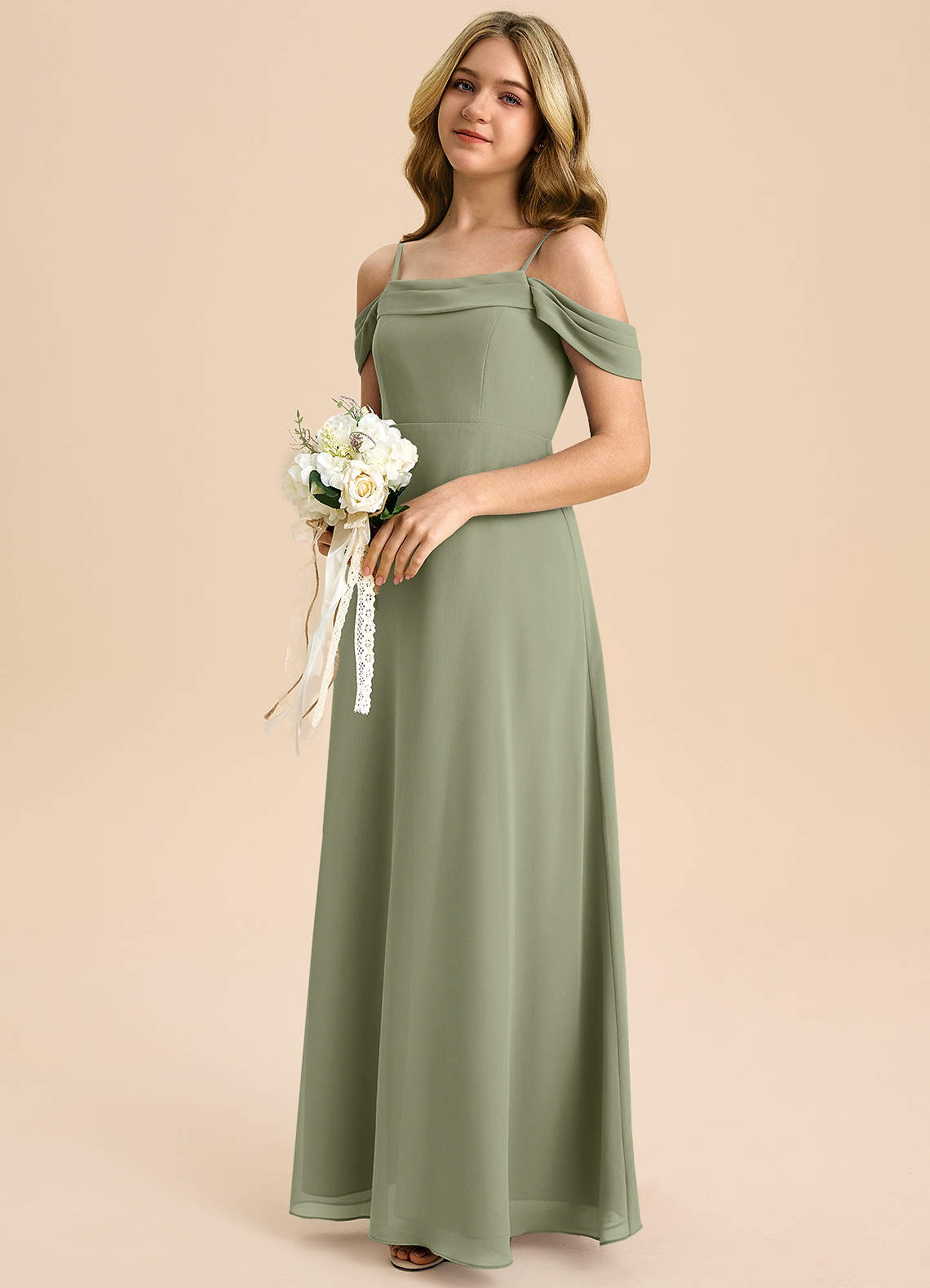 Azazie Anselie Junior Pistachio A-Line Off the Shoulder Chiffon Dress image5