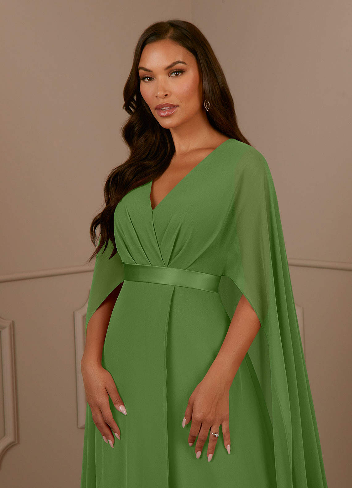 Azazie Isa Basil A-Line V-Neck Pleated Chiffon Dress | Azazie CA