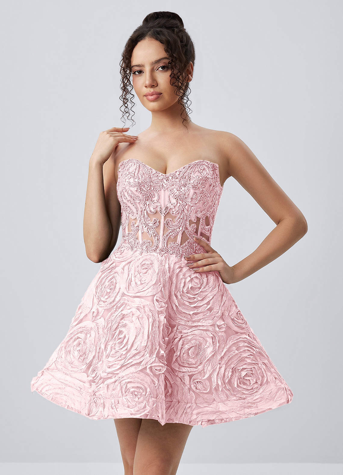 Mathilde Pink Strapless 3D Rose Mesh Corset Skater Mini Dress