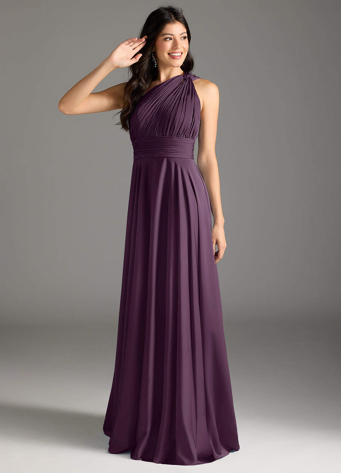 Azazie Charlize Bridesmaid Dresses Plum A-Line One Shoulder Stretch Satin Dress image1