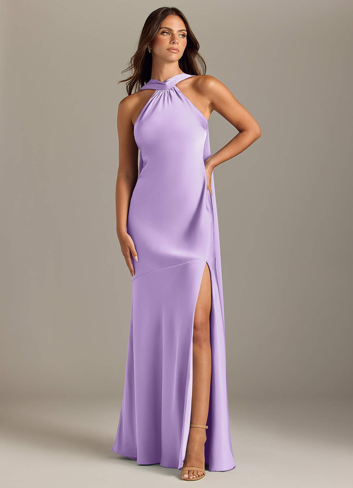Azazie Kinsley Bridesmaid Dresses Lilac Mermaid Side Slit Stretch Satin Dress image1
