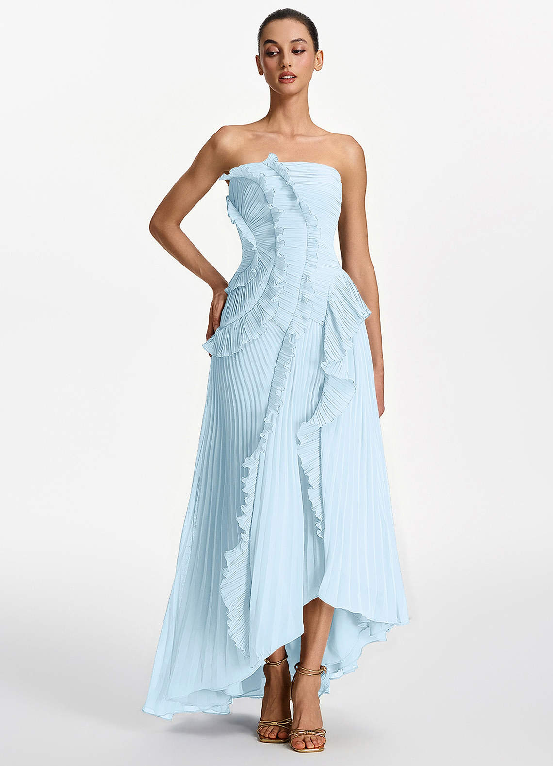 Azazie Sky Blue A-Line Ankle-Length Sweet 16 Dress Ruffles Corset Pleated Chiffon Straight